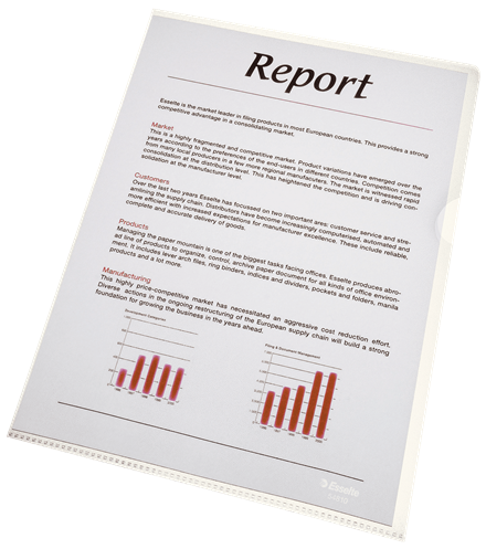 Plastomslag Esselte A4 105my PP glasklar - åben i top og højre side - (100 stk.)