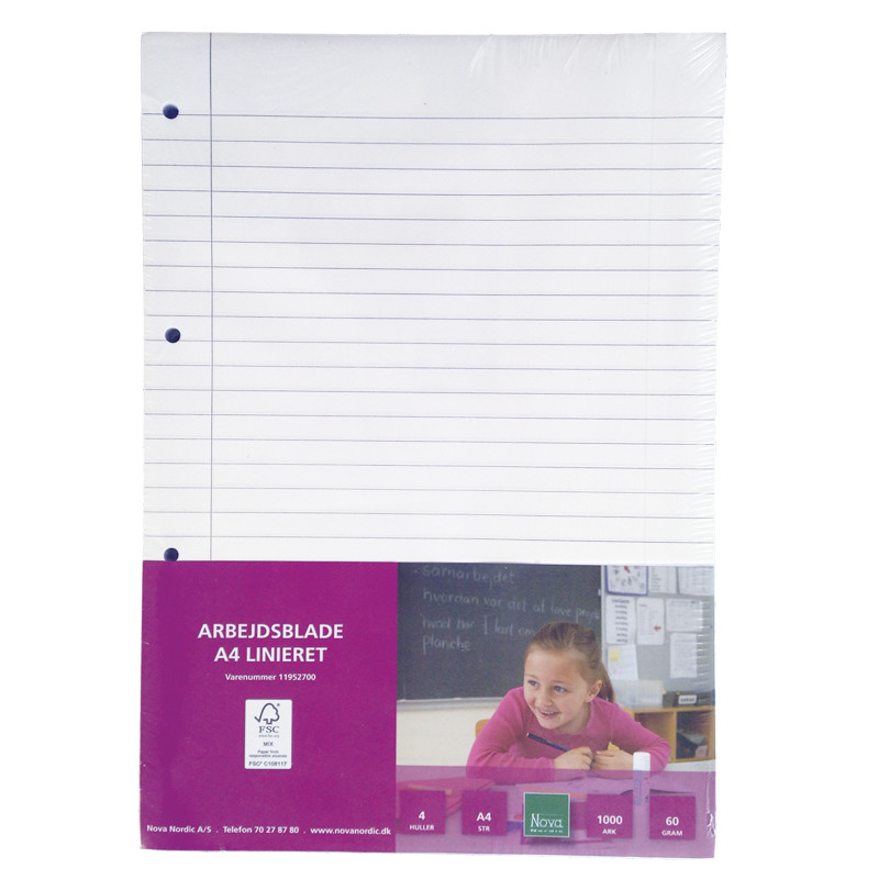 Arbejdsblade A4 linjeret 80 g. løs ark /1000 ark
