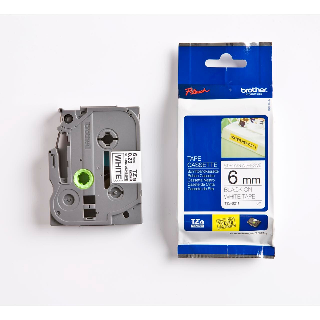 Brother labeltape TZeS211, 6mm sort på hvid stærk klæb