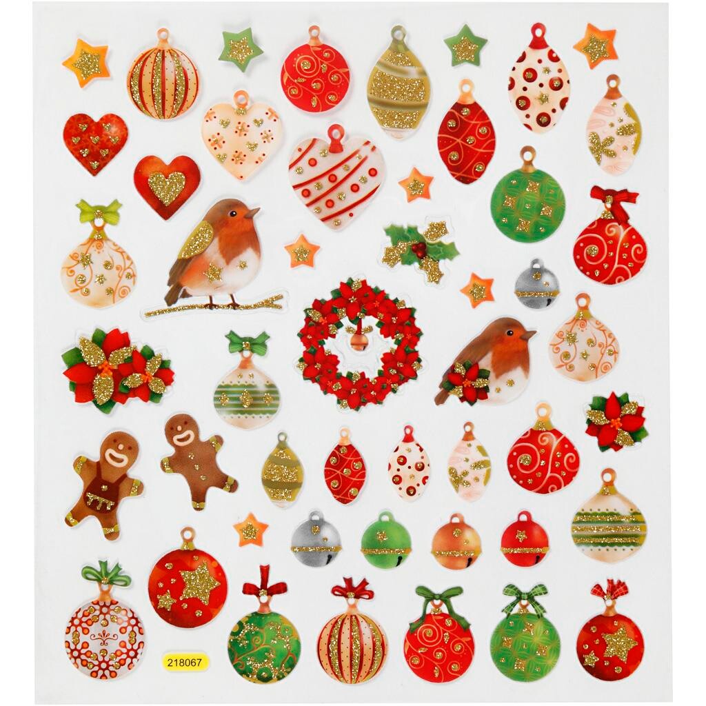 Stickers, ark 15 x 16,5 cm - 50 stk., julekugler og pynt