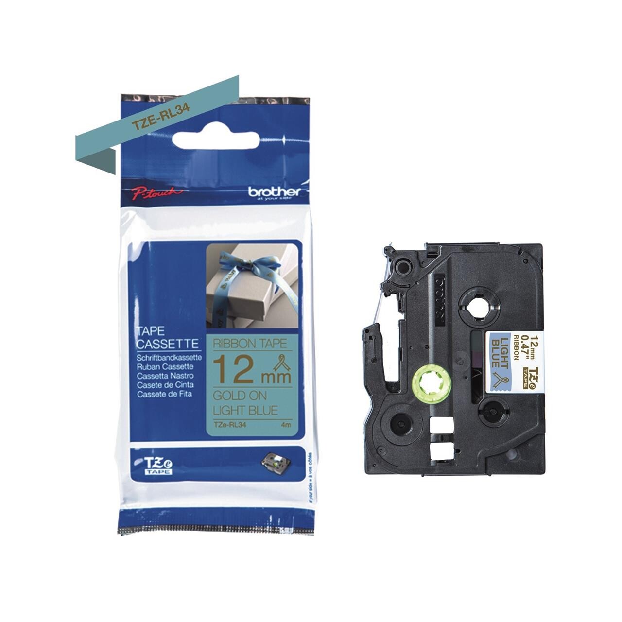 Brother Labeltape TZe-RL34, 12mm guld/lyseblå satin billede