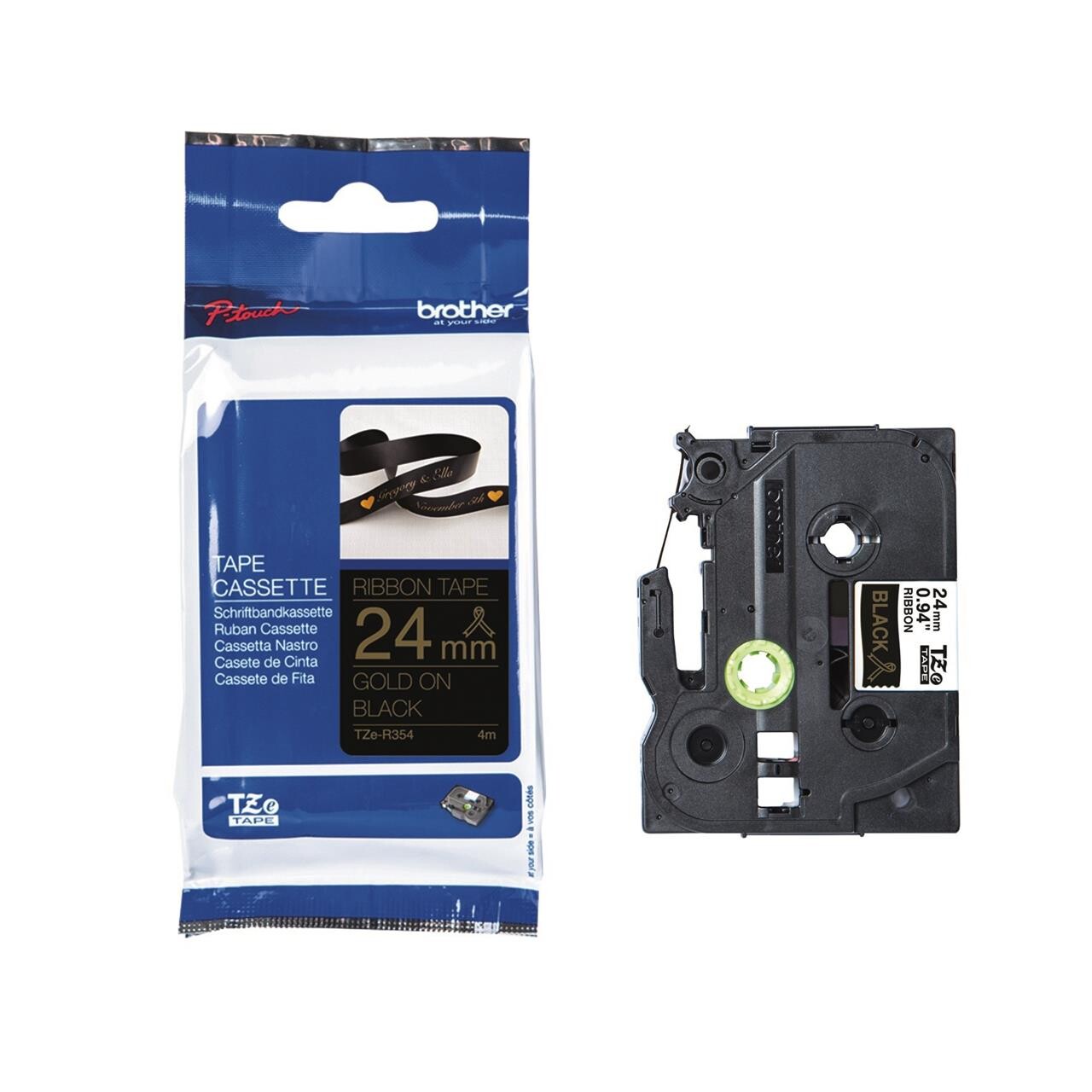 Brother Labeltape TZe-R354, 24mm guld/sort satin billede