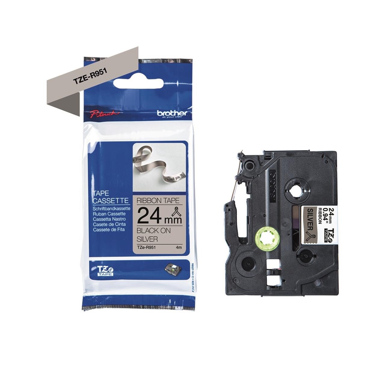 Brother Labeltape TZe-R951, 24mm sort/sølv satin billede