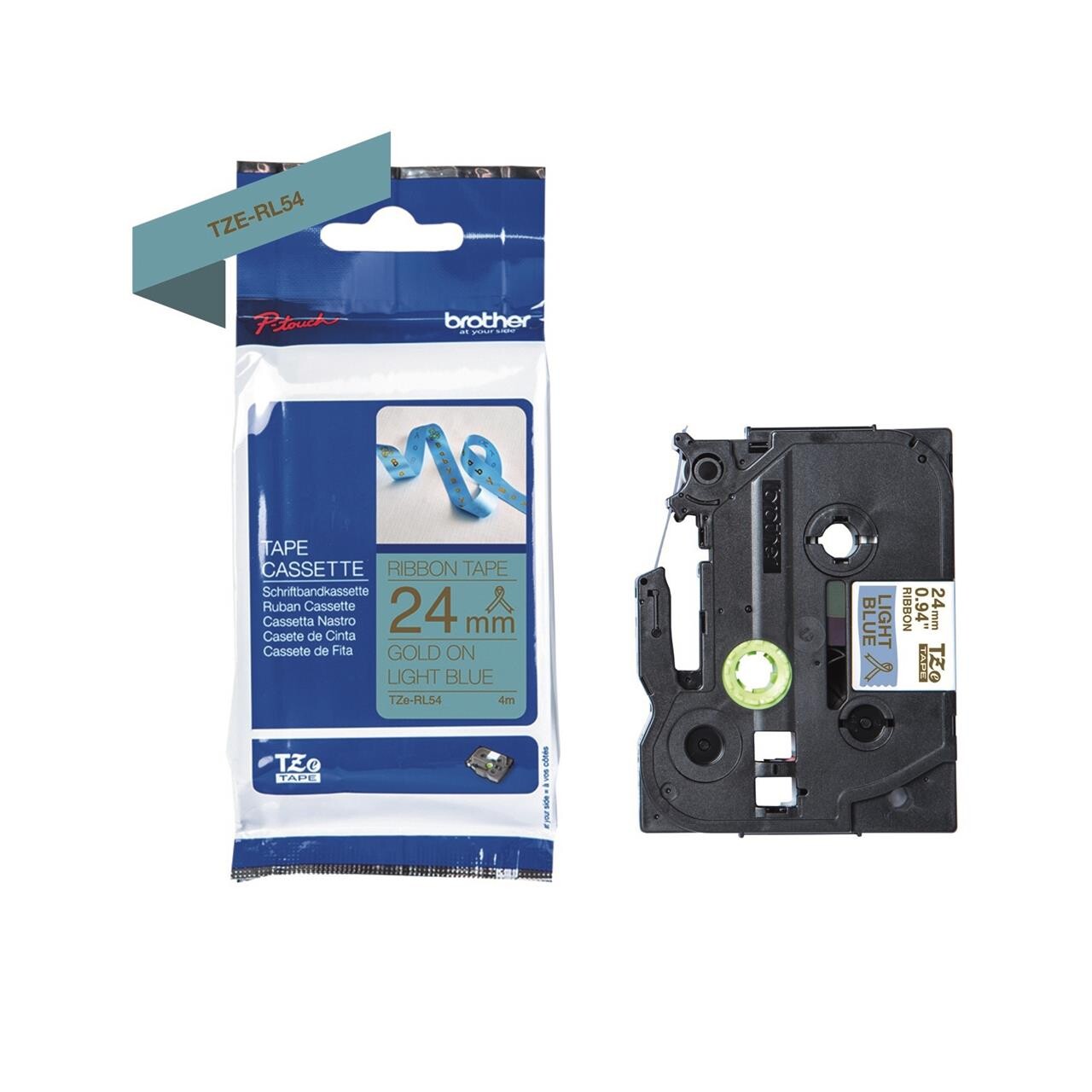 Brother Labeltape TZe-RL54, 24mm guld/lyseblå sati billede