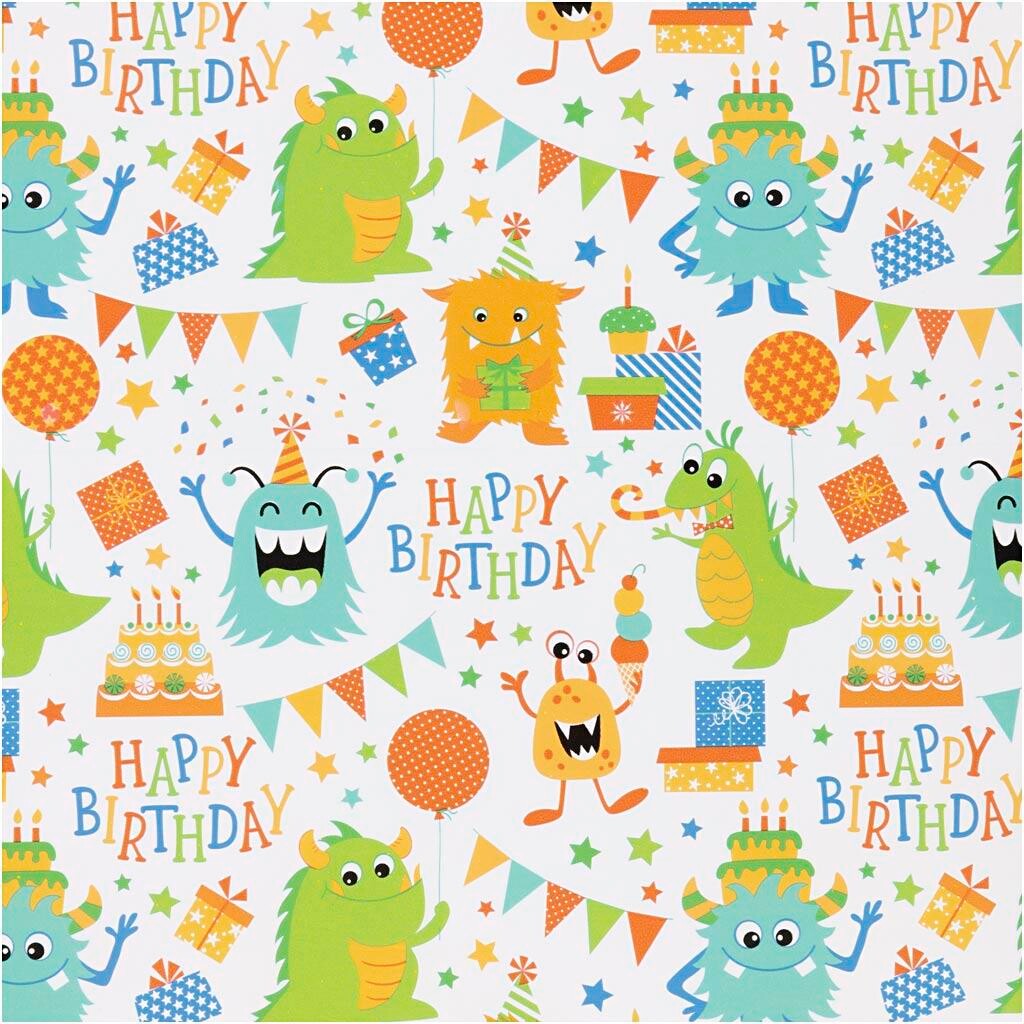 Gavepapir, Fødselsdag, B: 50 cm, 80 g, glade farve billede