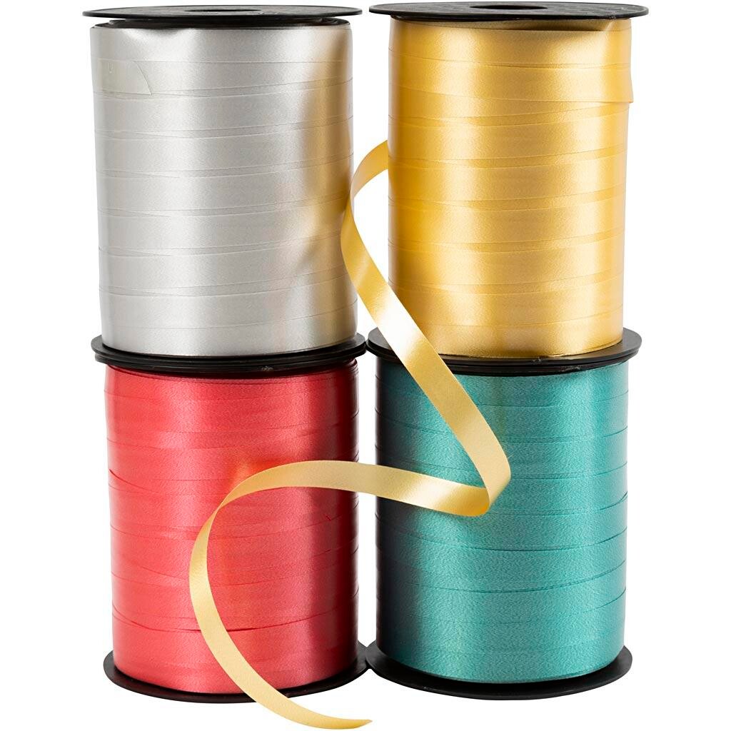 Gavebånd, B: 10 mm, blank, guld, grøn, rød, sølv, 4 ruller, 250 meter pr. rulle billede
