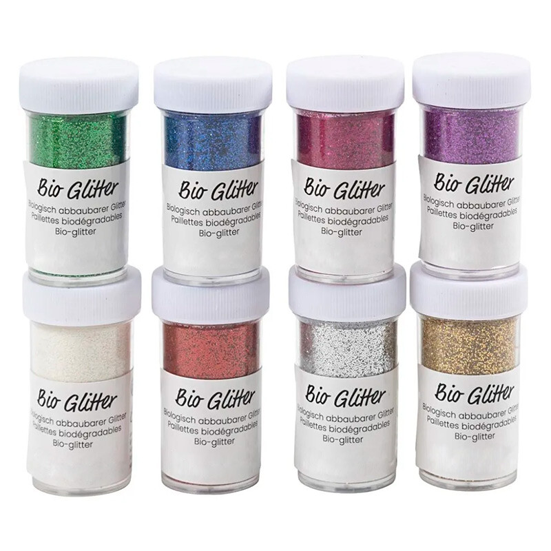 Bio-glitter, ass. farver, 8x27 ml/ 1 pk. billede