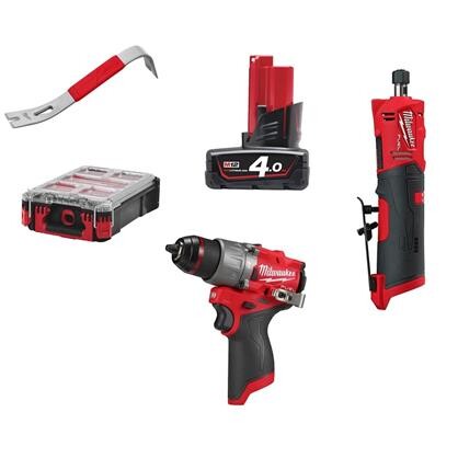 Milwaukee M12 sæt: skruem+ligesliber+koben+kuffert+batteri