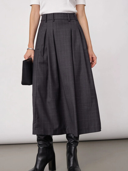 CO' COUTURE NEDERDEL, ELORA CHECK PLEAT DARK GREY