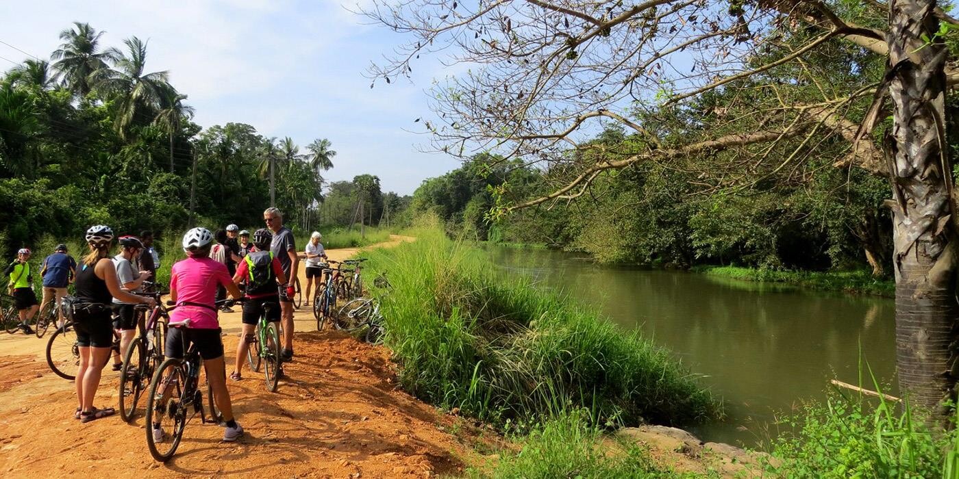 Gruppe af cyklister på grusvej holder pause ud mod kanal, omgivet af frodige natur og palmer i baggrunden.