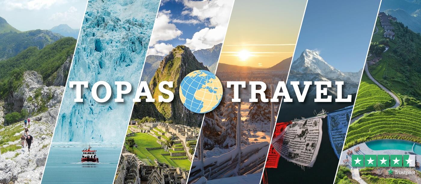 Topas Travel-logo med billeder fra Italien, Grønland, Peru, Norge, Nepal og Vietnam.