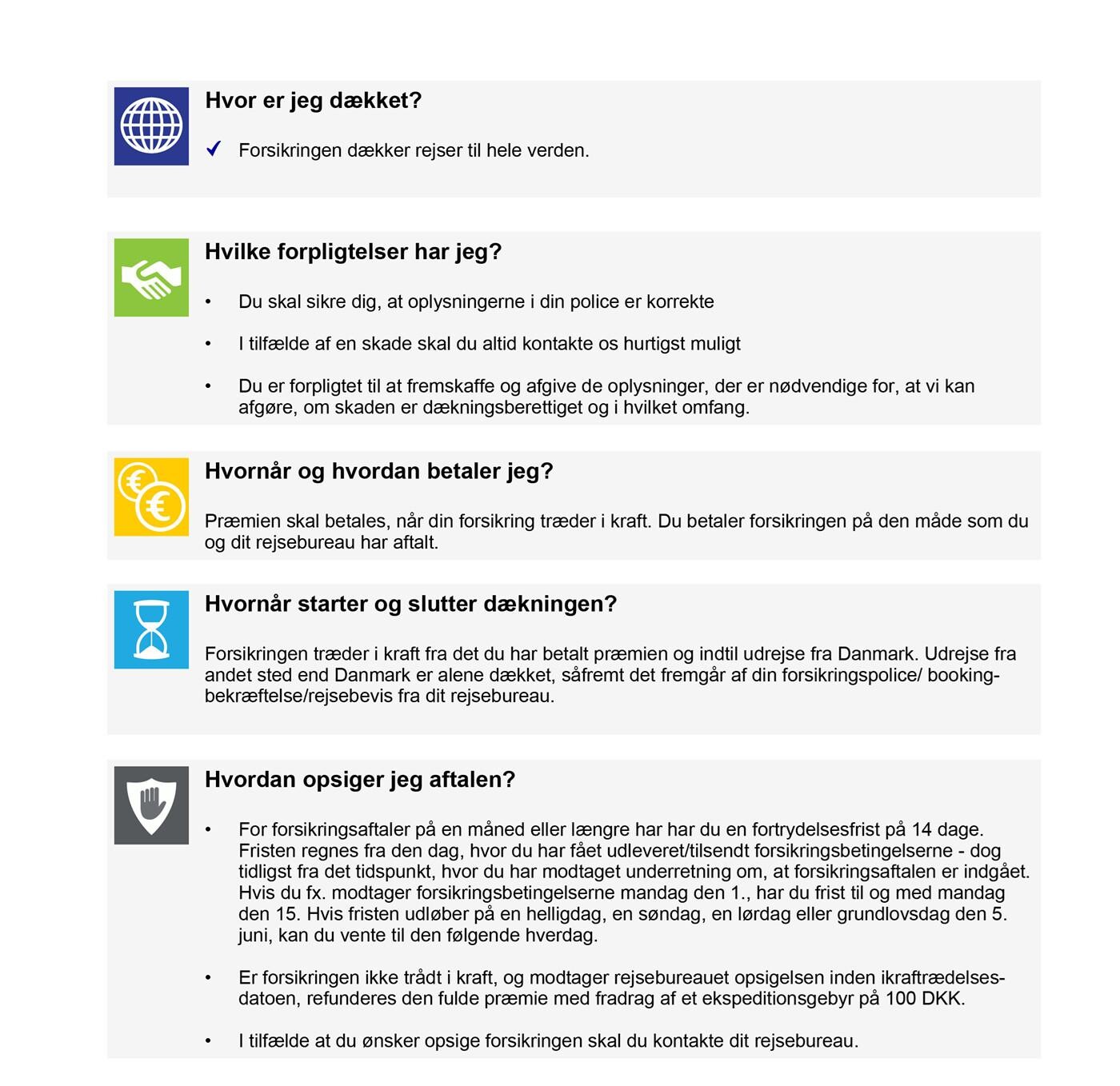 En informativ grafik med tekst om afbestillingsforsikring, der beskriver "hvor er jeg dækket?", "hvilke forpligtelser har jeg?", "Hvor og hvordan betaler jeg?", "Hvornår starter og slutter dækningen?" og "Hvordan opsiger jeg aftalen?".