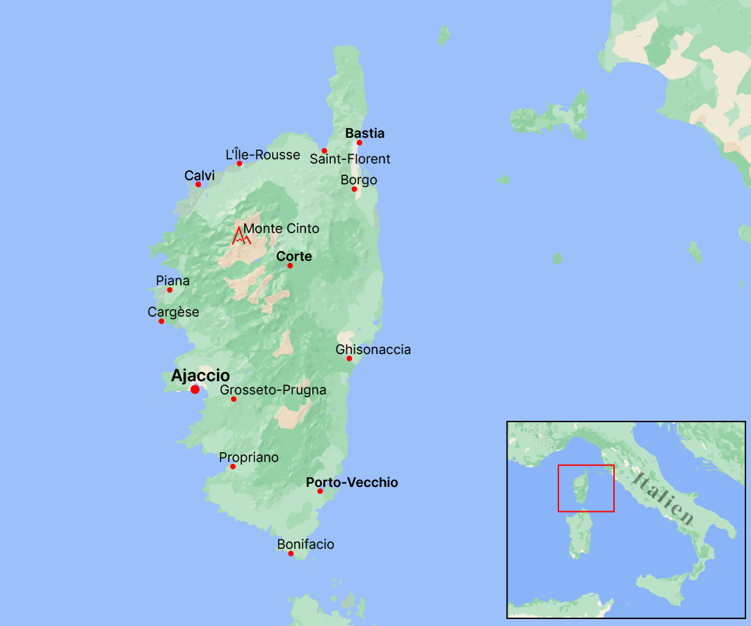 Kort over Korsika og øens største byer, samt dets placering i forhold til Italien og Frankrig.