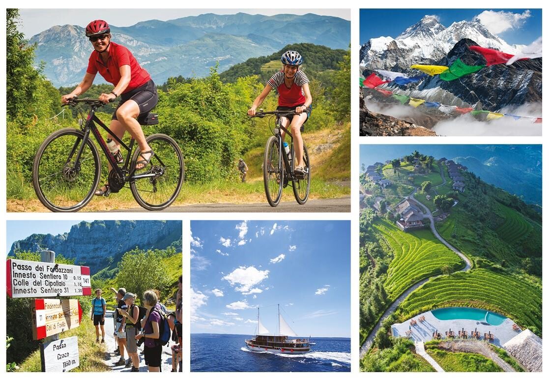 Collage med billeder fra cykelferie og vandreferie i Italien, sejlferie i Kroatien, bjergbestigning i Nepal og afslapning ved pool i Vietnam.