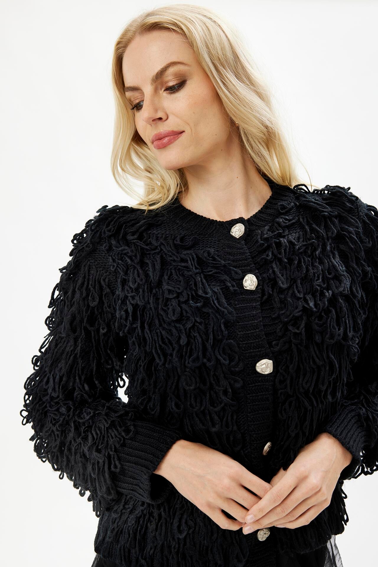 ◆MISEKI SEOUL◆ Long layered cardigan one piece BLACK MSK25 MO&Co. Noir Women's Distressed and Sequins Detail Long