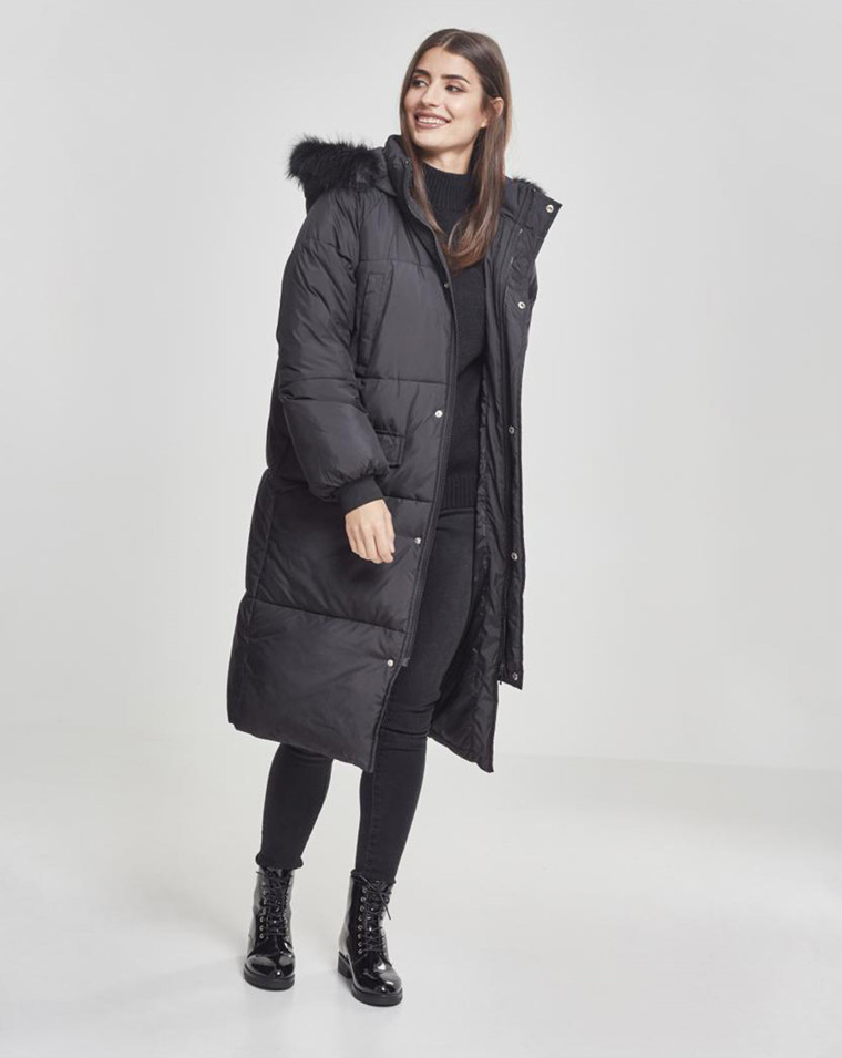 Urban Classics Ladies Oversize Faux, Black Faux Fur Long Puffer Coat