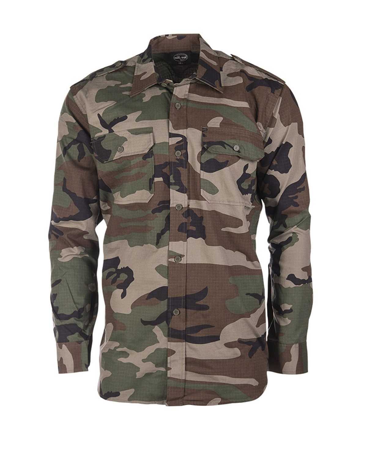 Mil-Tec Langærmet Army Skjorte, ripstop (Woodland, L)