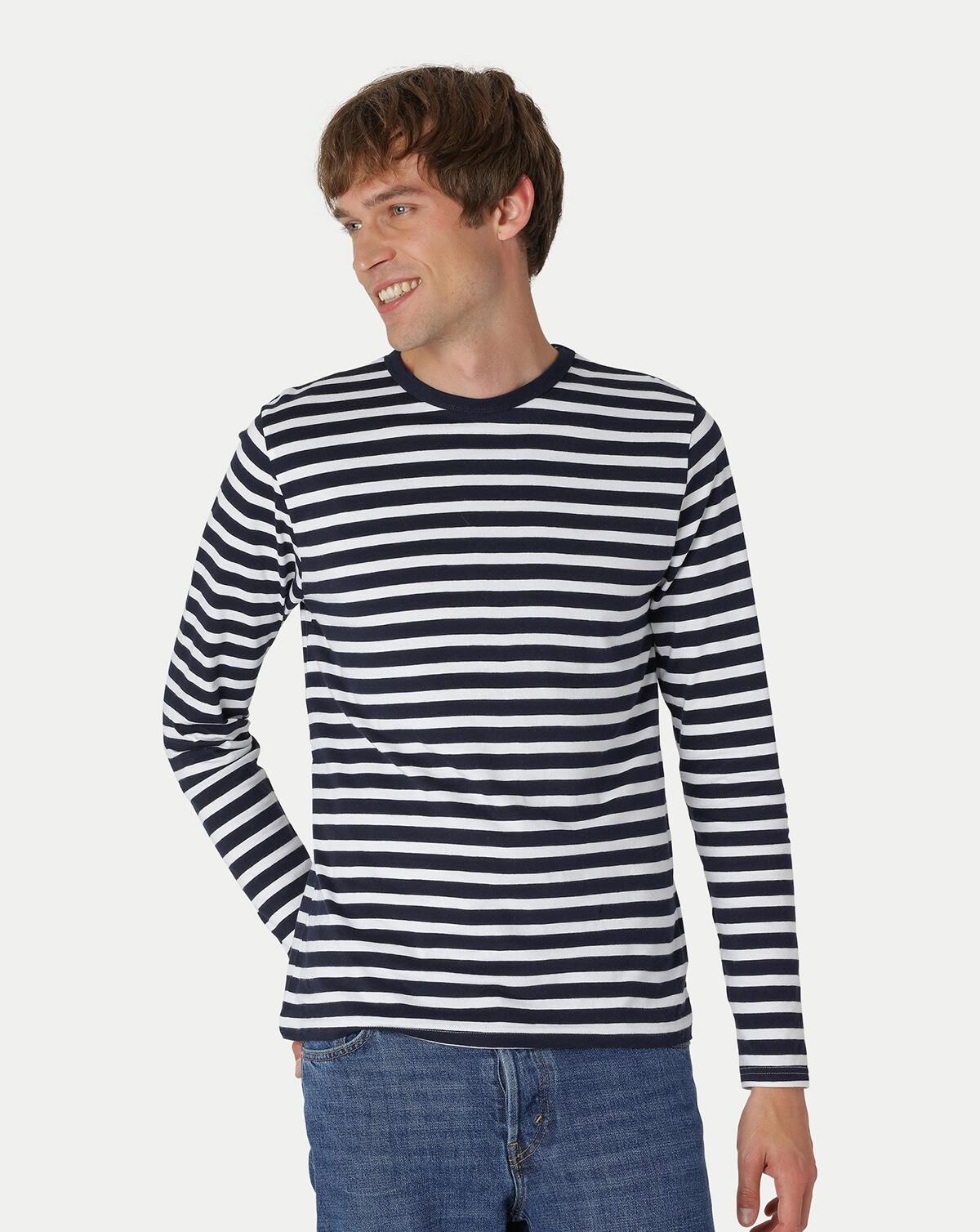 Neutral Økologisk - Herre Langærmet T-Shirt (Blå / Hvid stribet, XL)