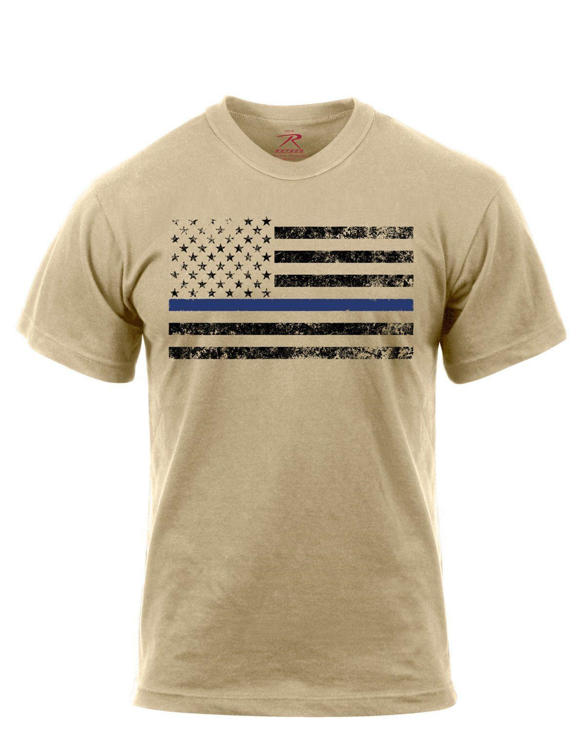 Rothco T-Shirt - Thin Blue Line-Flag (Desert Sand m. Sort Flag, 3XL)