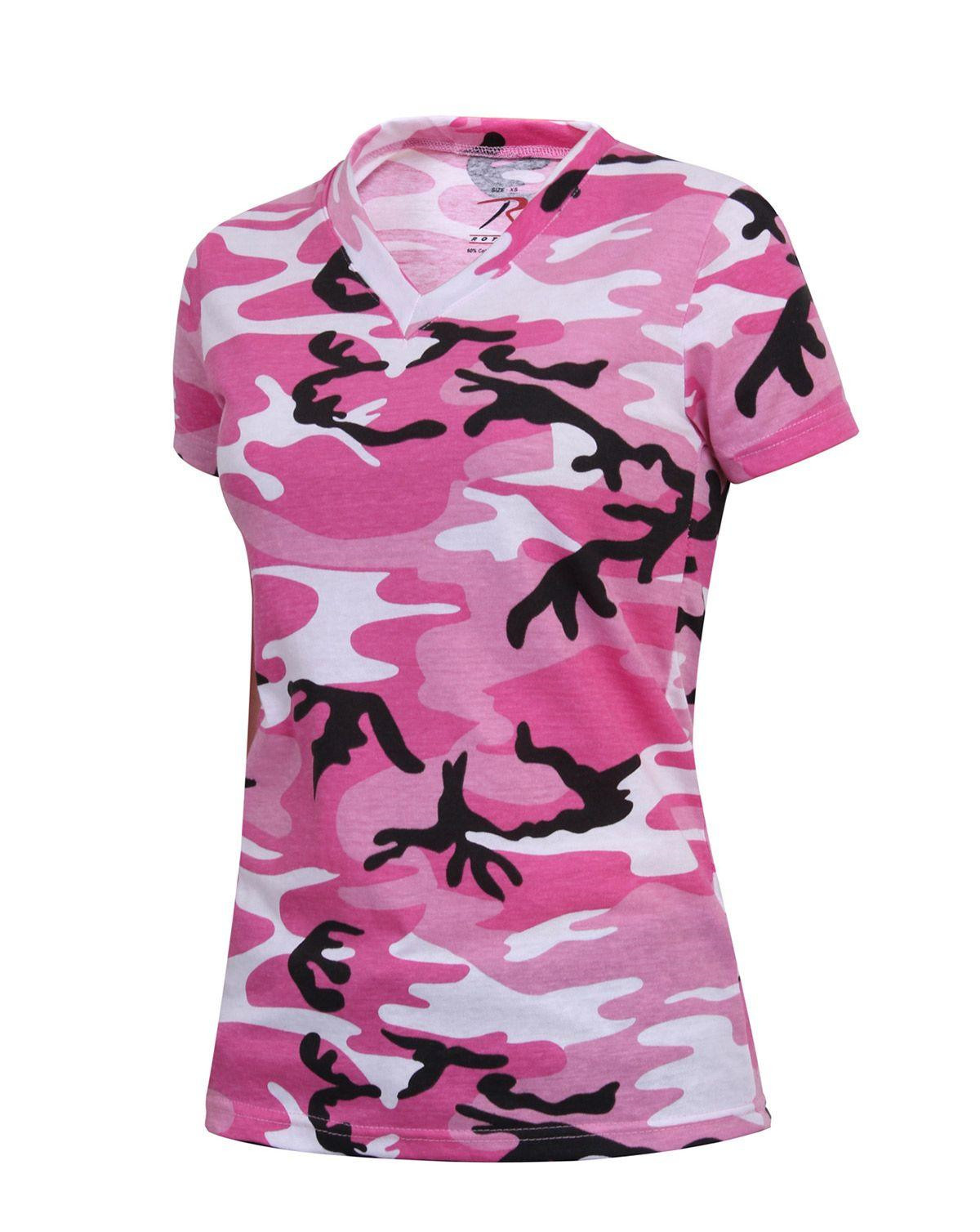 Rothco V-Neck T-Shirt m. Længde til Kvinder (Pink Camo, XL)