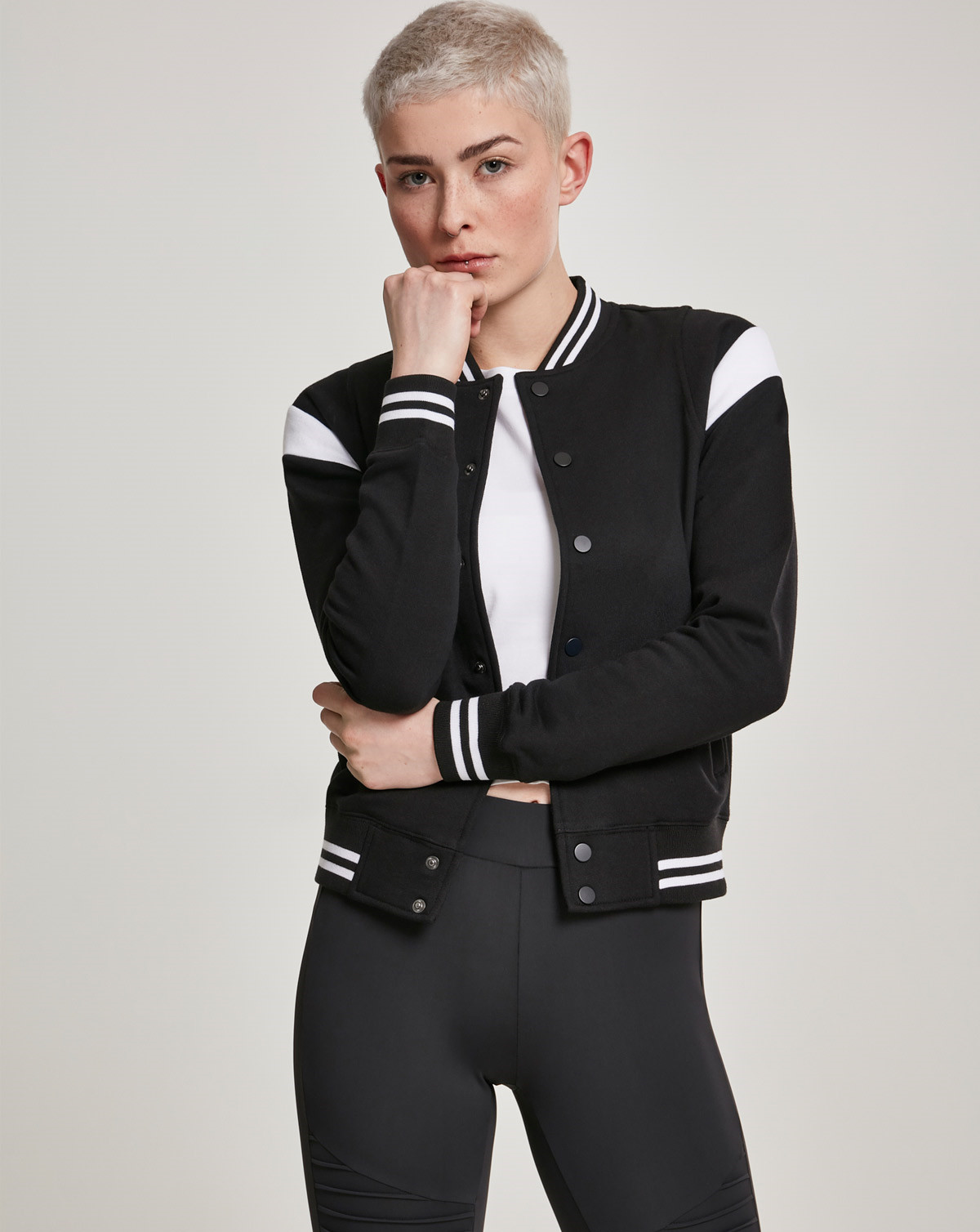 Urban Classics Ladies Inset College Sweat Jacket (Sort / Hvid, XL)