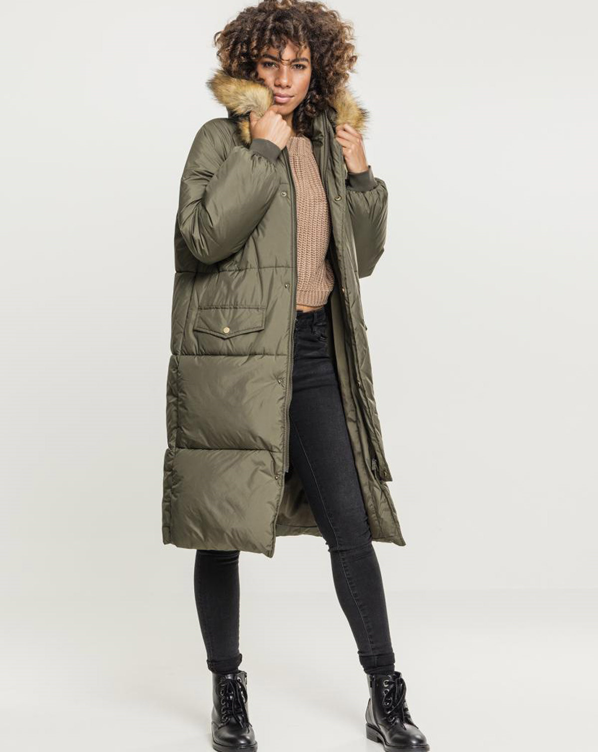 4: Urban Classics Ladies Oversize Faux Fur Puffer Coat (Dark Olive / Beige, XS)