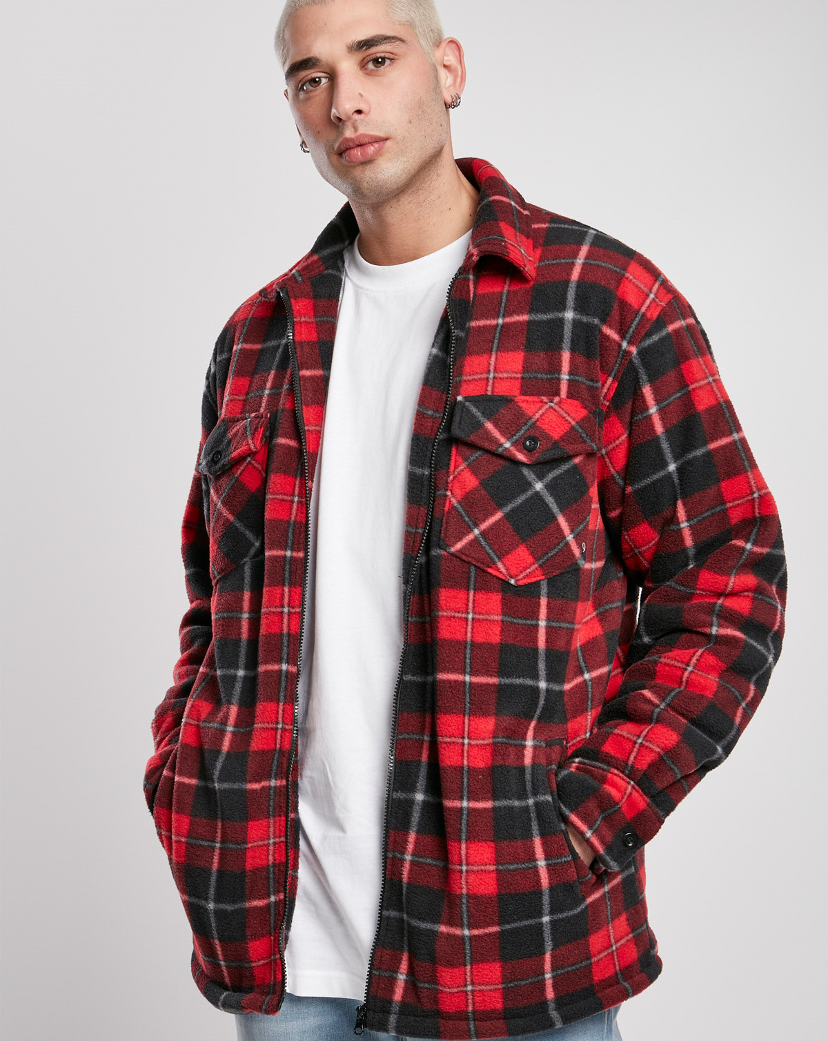 #3 - Urban Classics Plaid Teddy Lined Shirt Jacket (Rød / Sort, 5XL)