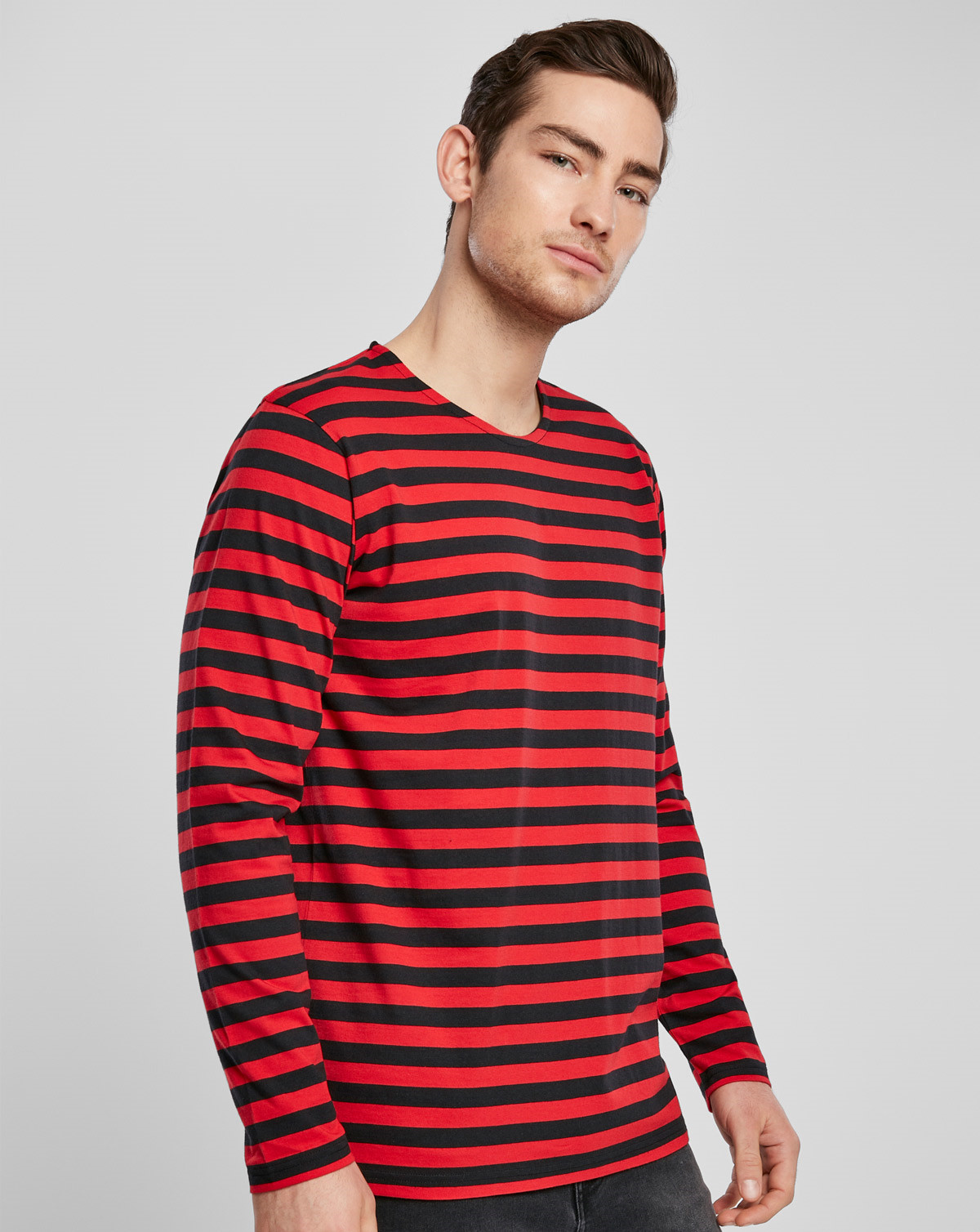 Urban Classics Regular StripeLong Sleeve T-Shirt (Fire Red / Black, L)