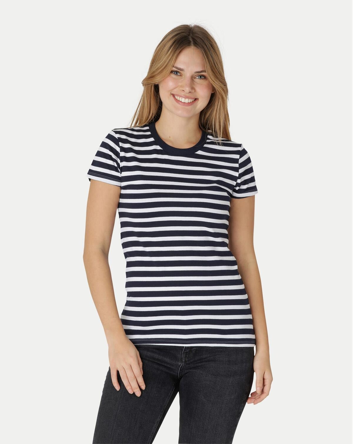 Neutral Økologisk Dame Tætsiddende T-Shirt (Blå / Hvid stribet, 2XL)