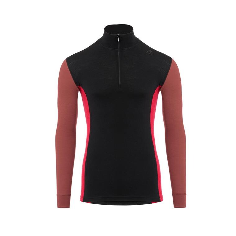 Aclima Mens WarmWool Mock Neck Shirt (Sort (JETBLACK/SPICEDAPPLE/JESTERRED) X-small)