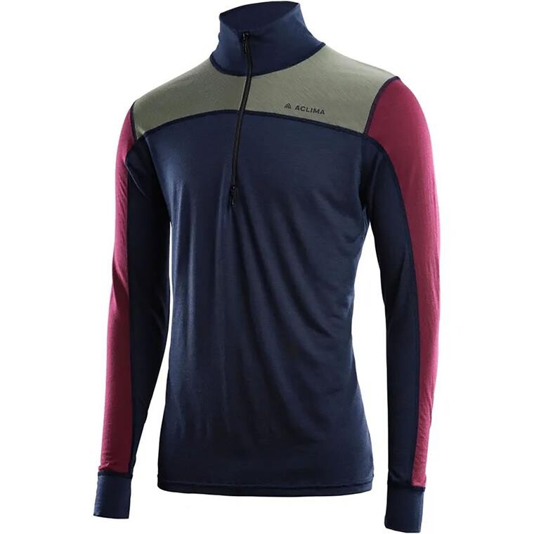 Aclima Mens LightWool Reinforced Mockneck (Blå (NAVY BLAZER/GREEN/ZINFANDEL) X-small)