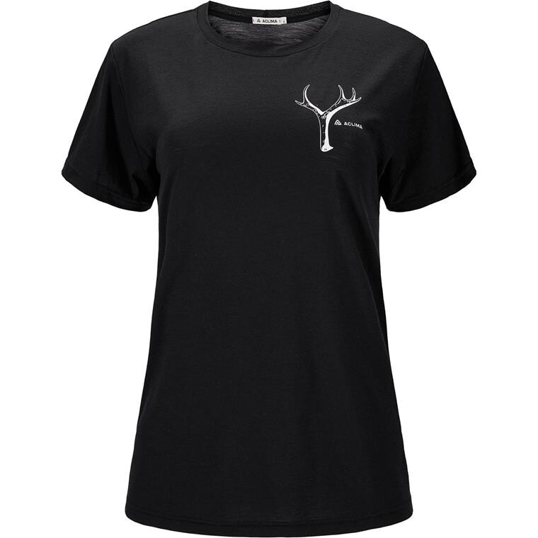 Aclima Womens LightWool Tee Print Antler (Sort (JET BLACK) X-small)