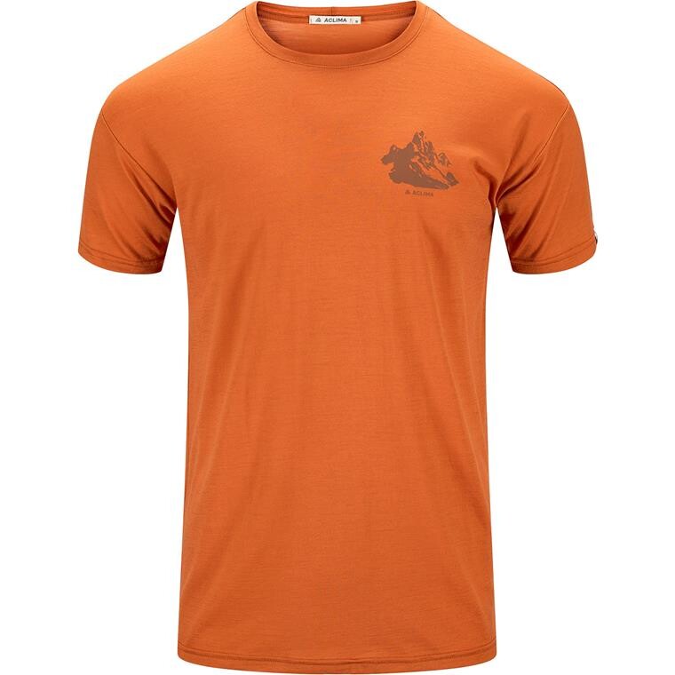Aclima Mens LightWool Tee Print Mountain (Orange (APRICOT ORANGE) Small)