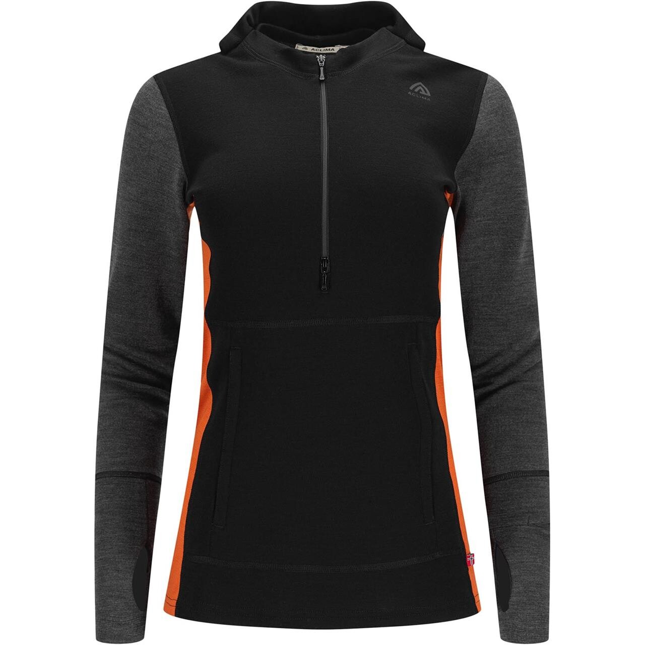 Aclima Womens WarmWool Hood Sweater W/zip (Sort (JET BLACK/MARENGO/GOLD FLAME) X-large)