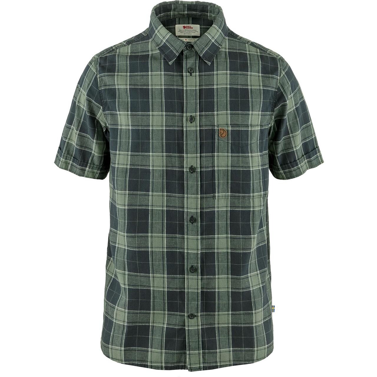 Fjällräven Mens Évik Travel Shirt S/S  (Blå (DARK NAVY-PATINA GREEN/555-614) Large)