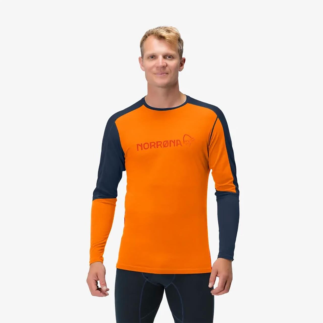  Norr&oslash;na Mens Falketind Equaliser Merino Round Neck (ORANGE (ORANGE POPSICLE/INDIGO NIGHT) Small)