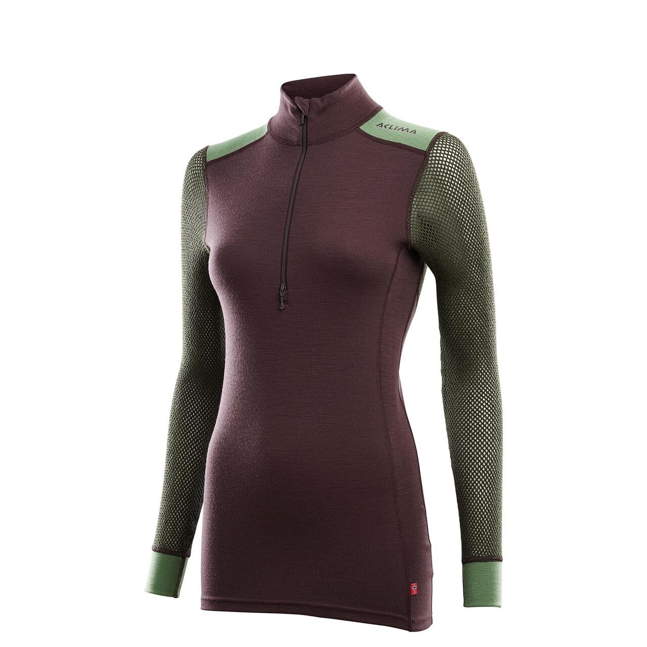 Aclima Womens Woolnet Hybridock Neck Zip Brun Fudge Dill Olive Night