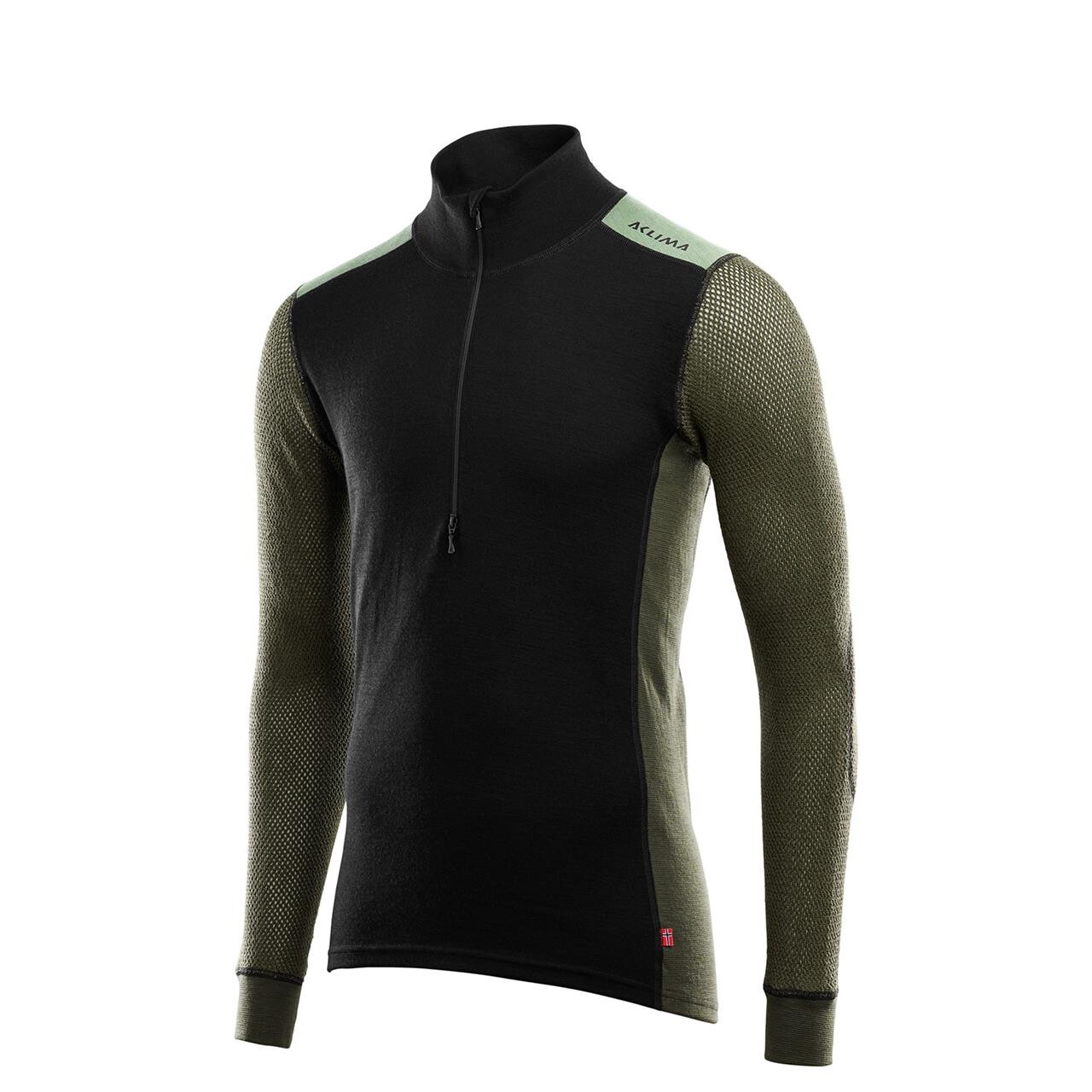 Aclima Mens WoolNet Hybridock Neck W/zip (Sort (JET BLACK/OLIVE NIGHT/DILL) Small)