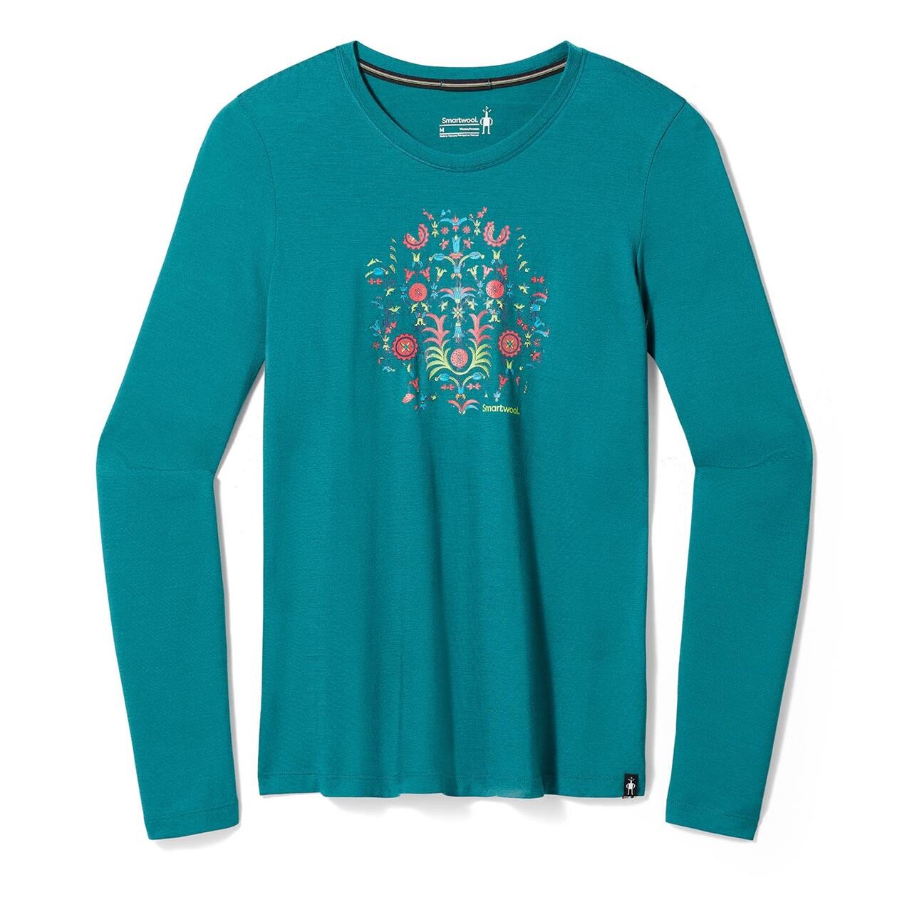 Se Smartwool Womens Floral Tundra Graphic L/S Tee (Grøn (EMERALD GREEN) Medium) hos Friluftsland.dk