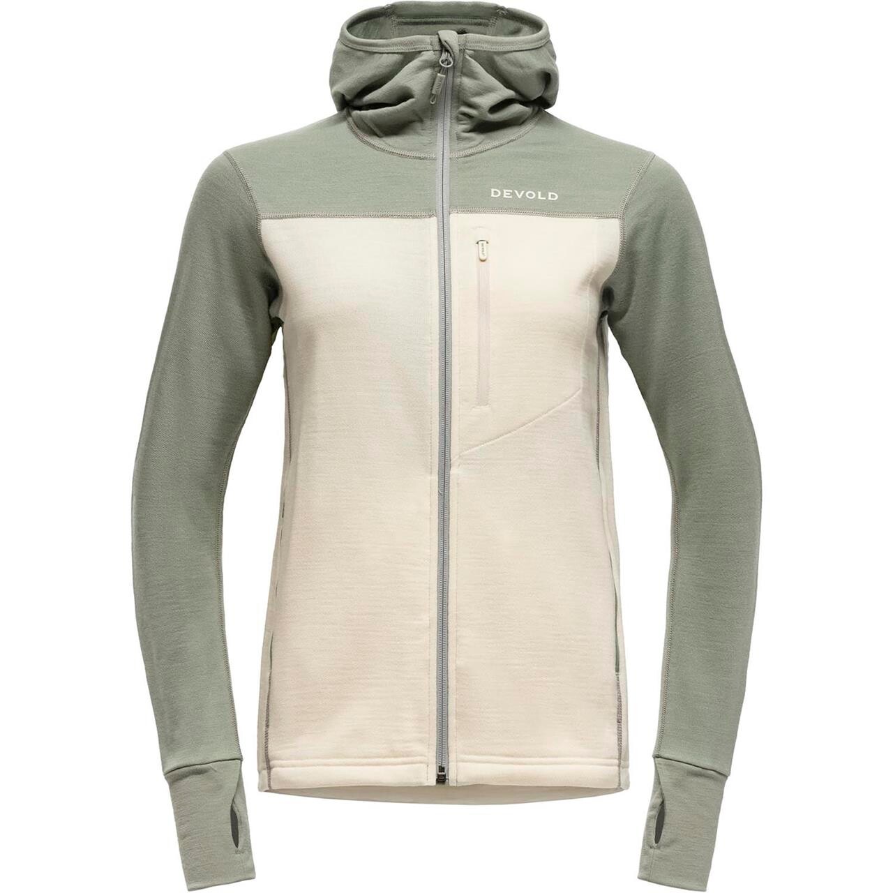 Devold Womens Explorer Merino Hooded Jacket (Grøn (FOG/RAW WHITE) Large)